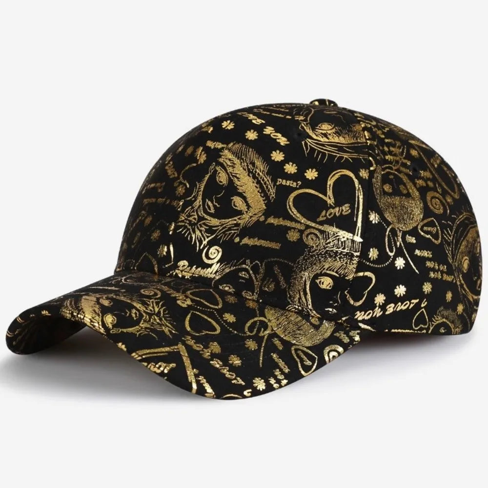 Golden Sketch Print Graffiti Baseball Cap Cotton Curved Brim Baseball Hats Adjustable Hip Hop Visor Cap For Man Women Unisex Oasis Select Black