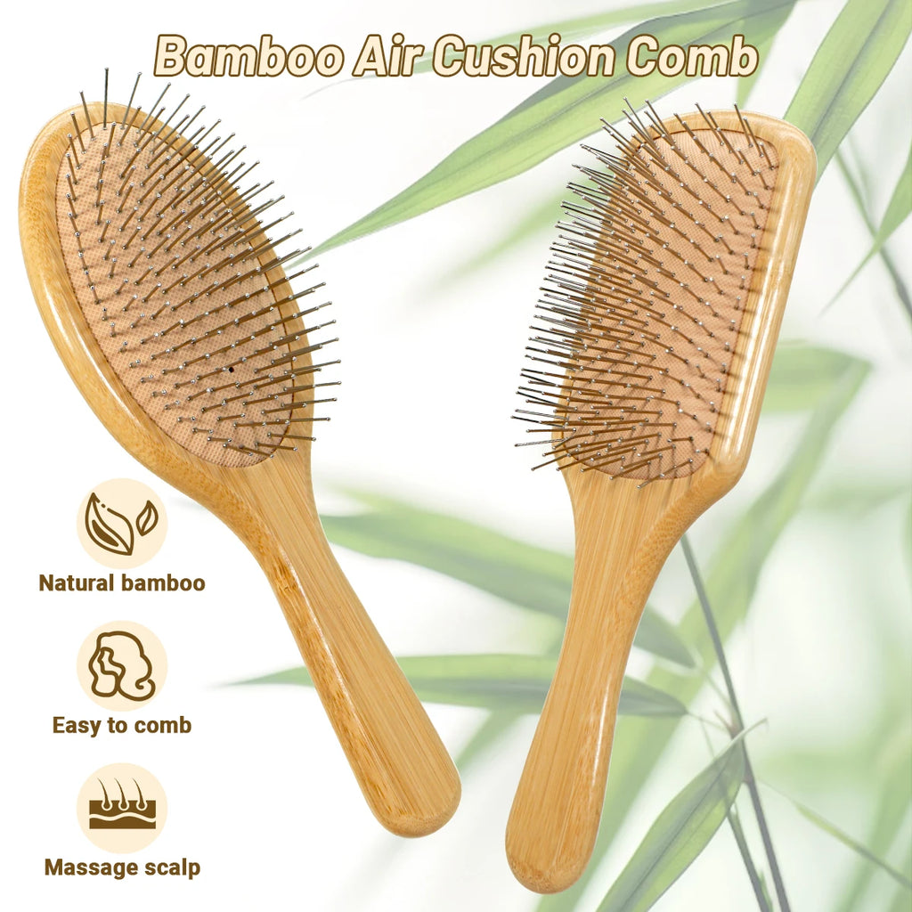 Bamboo Handle Hair Brush Steel Needle Teeth Scalp Massage Detangling Brush for Daily Hair Care Oasis Select