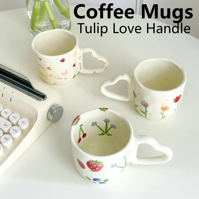 350ML Ceramic Coffee Mugs Tulip Love Handle Cups Hand Pinched Irregular White Color Flower Milk Mug Oatmeal Breakfast Tea Cup Oasis Select