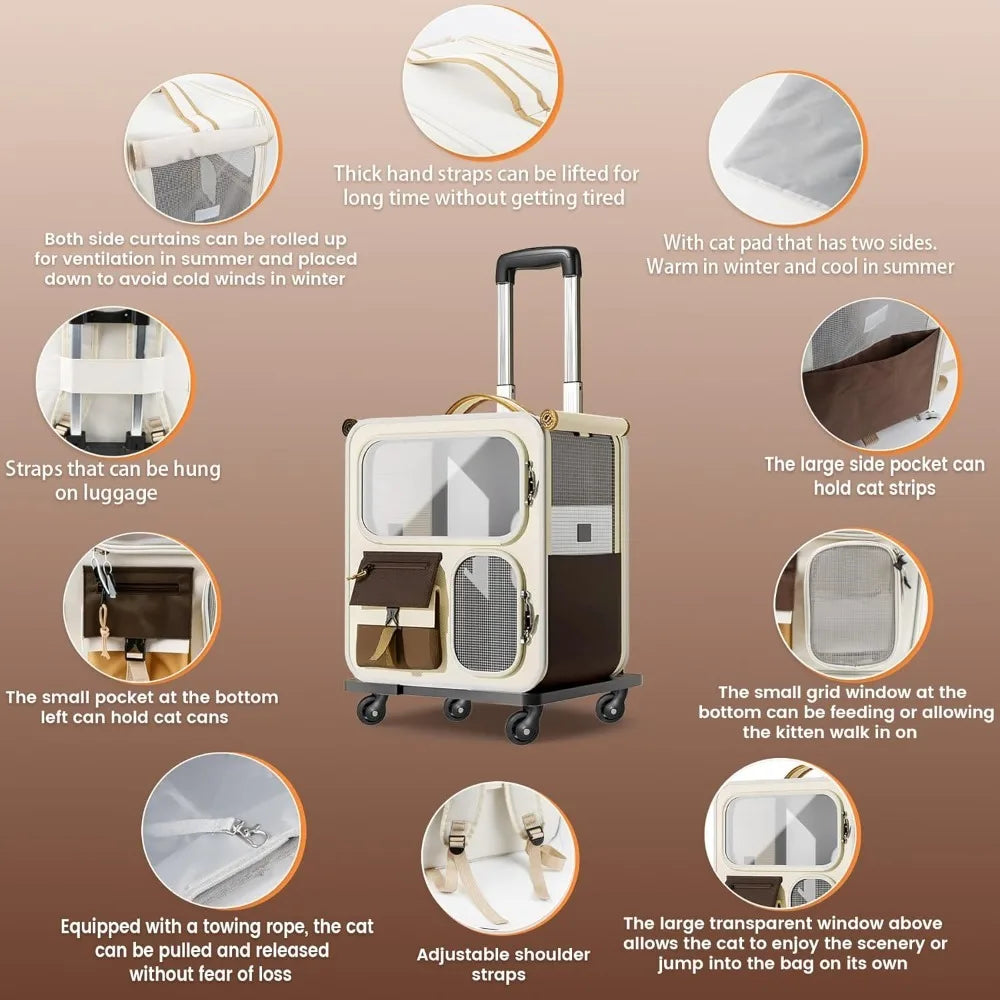 Durable Foldable Rolling Cat Carrier with Wheels for Large Cats Small Dogs Up To 25 LBS Travel Walking Camping Handbag Dog Bag Oasis Select