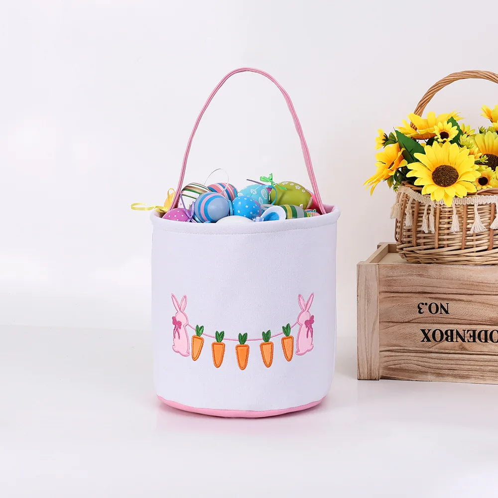 Easter Egg Handheld Storage Basket, Canvas Easter Bunny Bags Eggs Hunting Carry and Candy Gift Bag Rabbit Print for Easter Party Oasis Select Pink Other