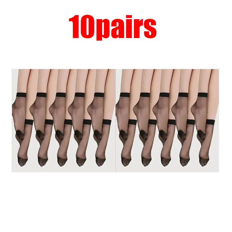 10/20/30pairs Skin Socks Women Sexy Ultrathin Stockings Female Transparent Nylon Crystal Short Ankle Sock Non-Slip Silk Socks Oasis Select 10pairs Black One Size