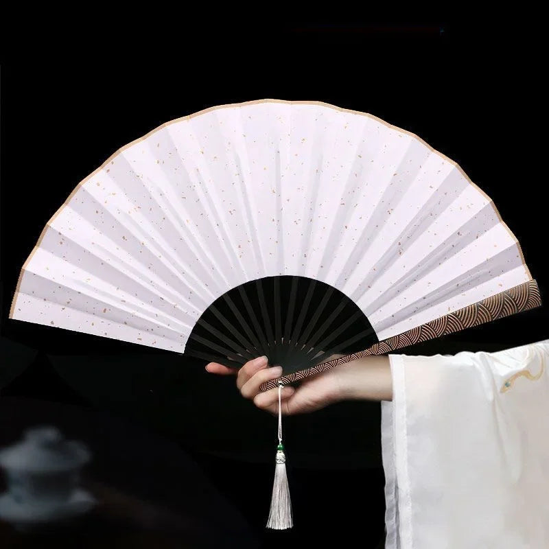 Cloud Pattern Fine Carved Rice Paper Folding Fan Black Sprinkled Gold Silk Cloth Antique Sea Wave Pattern China-Chic Fan Oasis Select White 10-inch
