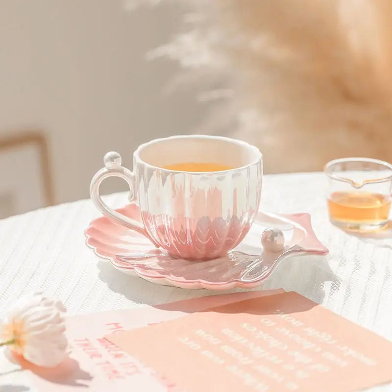 Shell Ceramic Mugs, Women's Coffee Water Cups Household Pearl Cup and Dish Sets High Appearance Level Cups Oasis Select