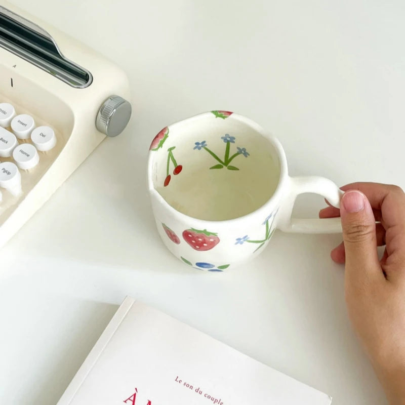 350ML Ceramic Coffee Mugs Tulip Love Handle Cups Hand Pinched Irregular White Color Flower Milk Mug Oatmeal Breakfast Tea Cup Oasis Select
