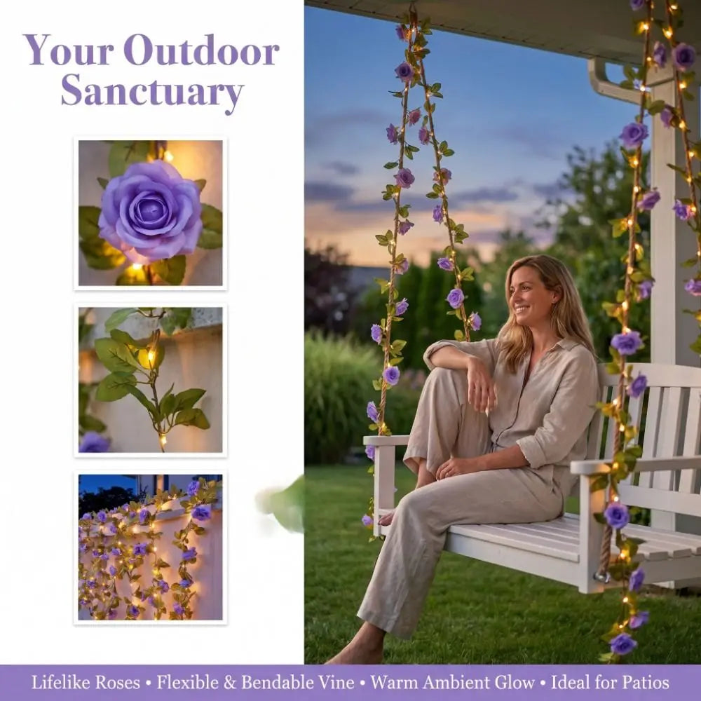 Blue Purple LED Rose Vine Fairy Lights | Floral Garland 2M