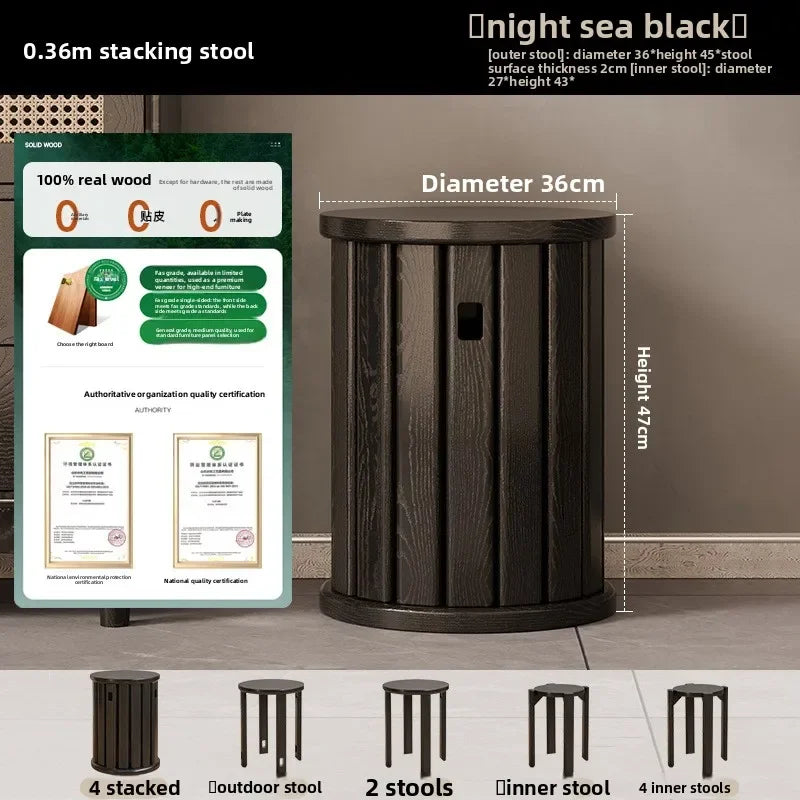 Household stools can be stacked solid wood round stools stacked low stools with pulleys wooden stools sturdy and durable Oasis Select Black-4