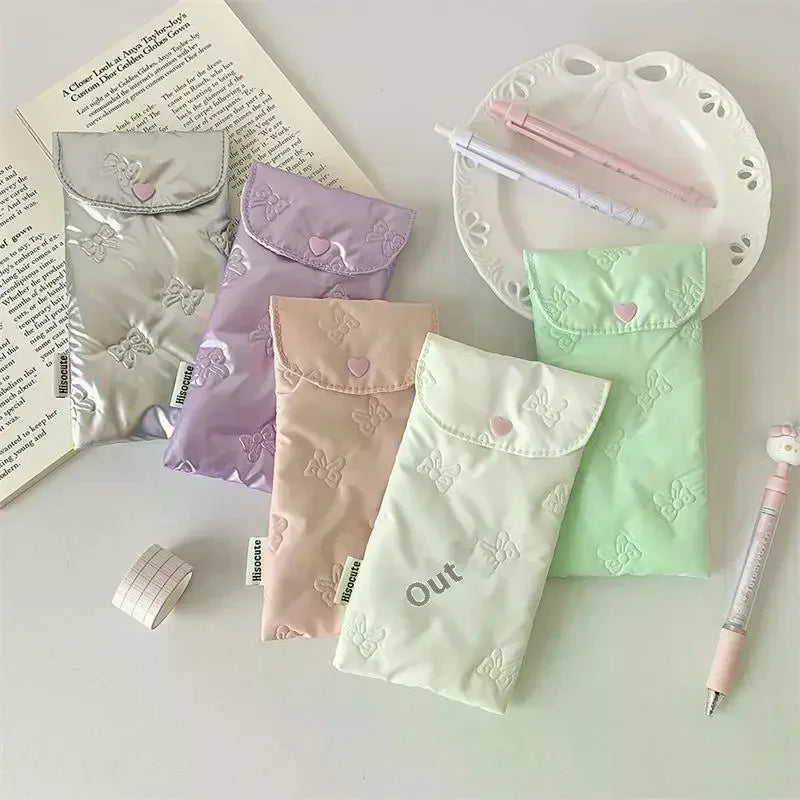 INS Style Bow Embossed Pencil Case Student Stationery Storage Bag Pencil Bag Portable Sunglasses Storage Bag Oasis Select