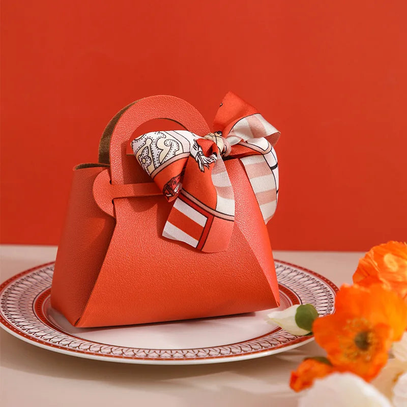 1PCS Leather Gift Bags Bow Ribbon Packaging Bag Wedding Favour Distributions Bags Eid Mubarak Candy Packaging Box Mini Handbag Oasis Select Orange Other