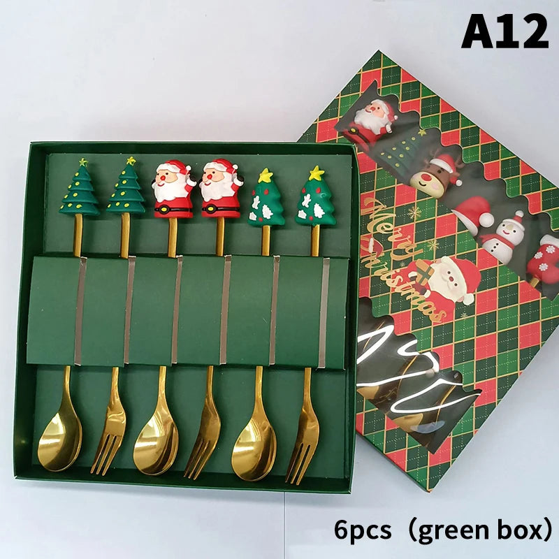 Stainless Steel Christmas Dessert Spoons Cake Forks with Cartoon Christmas Tree Elk Design - Set of 1/2/4/6 - Gift Box Included Oasis Select A12