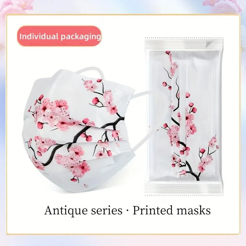 10pcs Romantic Floral & Starry Sky Print Face Masks for Women, 3-Layer Woven Polypropylene, Elastic, Breathable & Sun-Protective Oasis Select 10pcs white