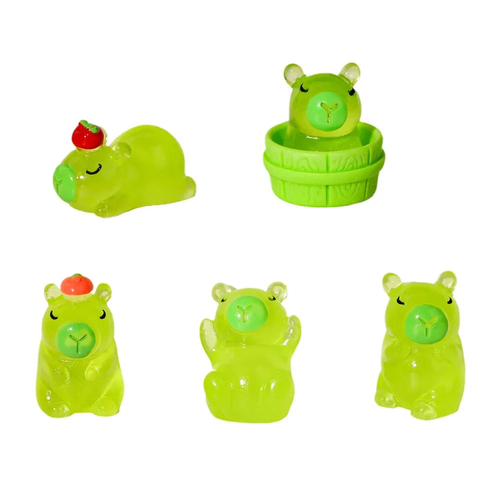 5PCS Luminous Capybara Mini Resin Animals Figurines Desktop Tabletop Outdoor Craft Decor for Miniature Garden Home Accessories Oasis Select Luminous-Green-5Pcs