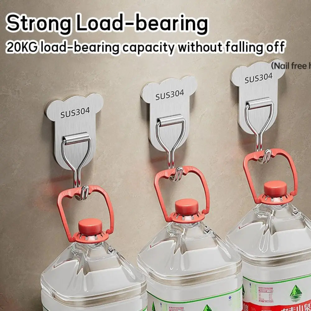 5/8PCS Bear Shape Self-adhesive Hook Stainless Steel No Punching Door Behind Hook Strong Load-bearing Sticky Hook Home Oasis Select