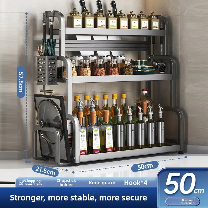 Kitchen Rack Multifunctional Seasonings Multi-layer Countertop Chopsticks Storage Knife Holder Stainless Steel Oil Oasis Select Gun ash-3-50