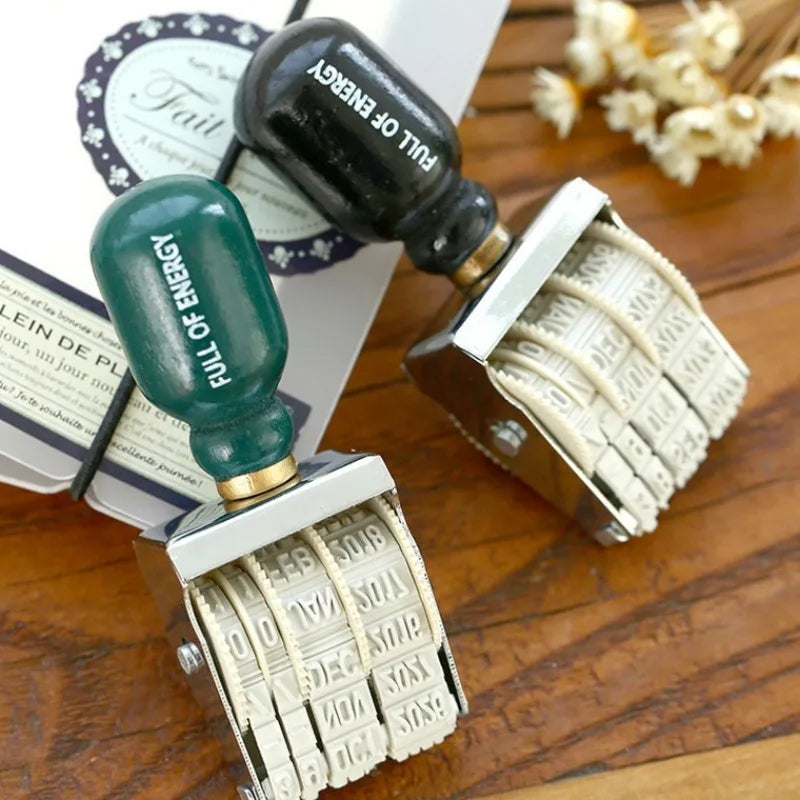 Retro Roller Date Stamp with Wooden Handle Adjustable Perpetual Calendar Stamp for Journaling Scrapbooking & Office Use Oasis Select