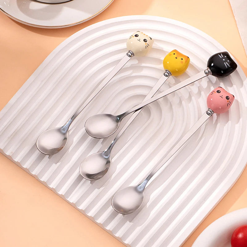 Stainless Steel Coffee Dessert Spoons with Long Cat Handle Cartoon Ice Cream Stirring Spoon Ceramic Kitchen Flatware Oasis Select