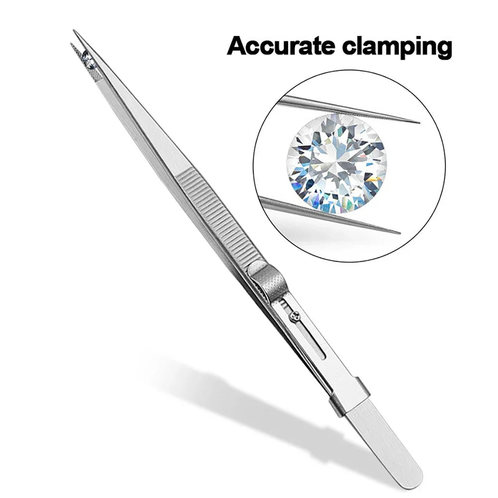 Stainless Steel Diamond Jewelry Tweezers Gemstone Pincette with Adjustable Antislip Lock Electronic Component Tweezer Hand Tools Oasis Select