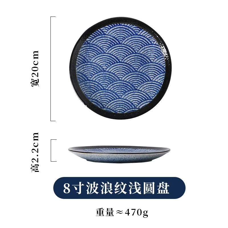 Japanese Blue And White Wave Pattern Tableware Ceramic Dinner Plate Household Flat Plate Sushi Plate Breakfast Plate Oasis Select 8in B