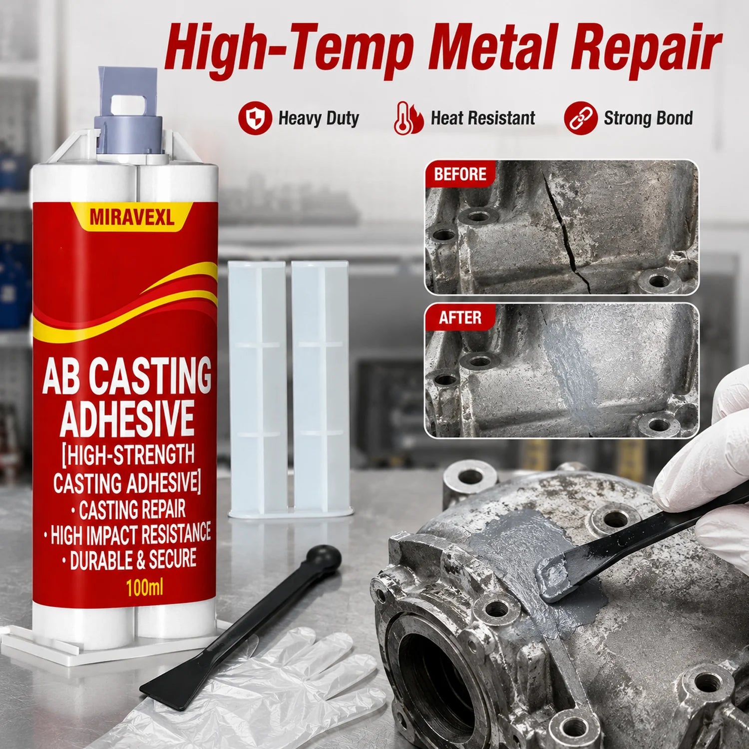Heavy Duty High Temp Metal Repair Paste Strong Liquid Welding Filler AB Casting Adhesive Kit With Scraper Gloves & 2 Nozzles Oasis Select