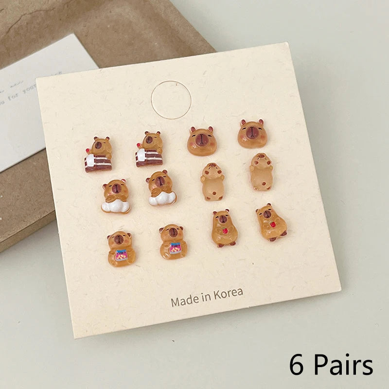 3/6/7pairs Capybara Cartoon Stud Earrings Mini Ear Studs Cute Earring Fashion All-match Earrings For Women Jewelry Accessories Oasis Select 6pairs