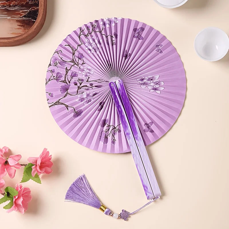 Folding Long-Handle Paper Hand Fan with Tassels, Compact Women's Pocket Fan with Magnetic Closure, Easy to Store and Carry Oasis Select