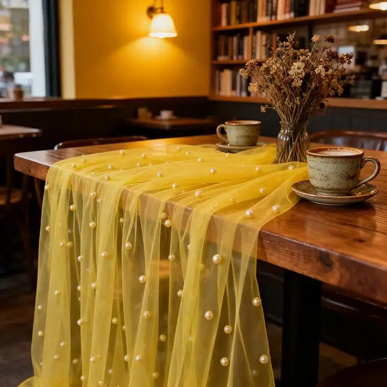Pearl Beaded Tulle Table Runner – Wedding & Party Decor