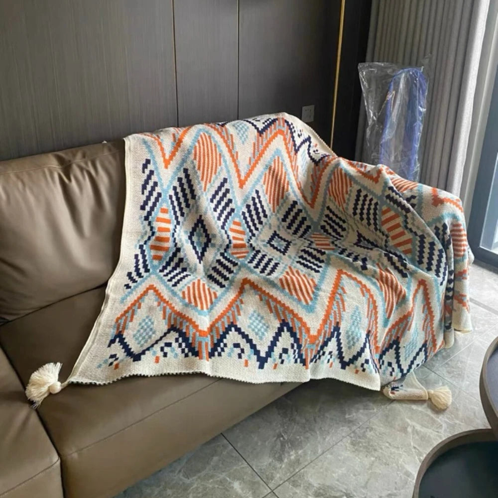 Bohemian Ethnic Tassel Knitted Throw Blanket Nordic Lightweight Summer Air Conditioner Sofa Bed Cover Homestay Decor Oasis Select