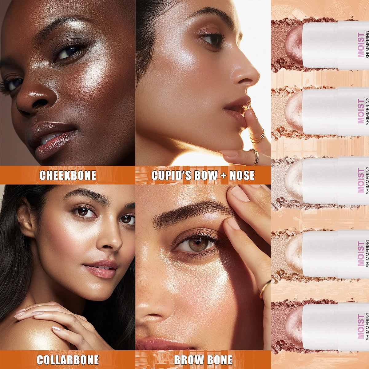 Hello Kiss 5-Color Shimmer Highlighter & Bronzer Stick | Waterproof