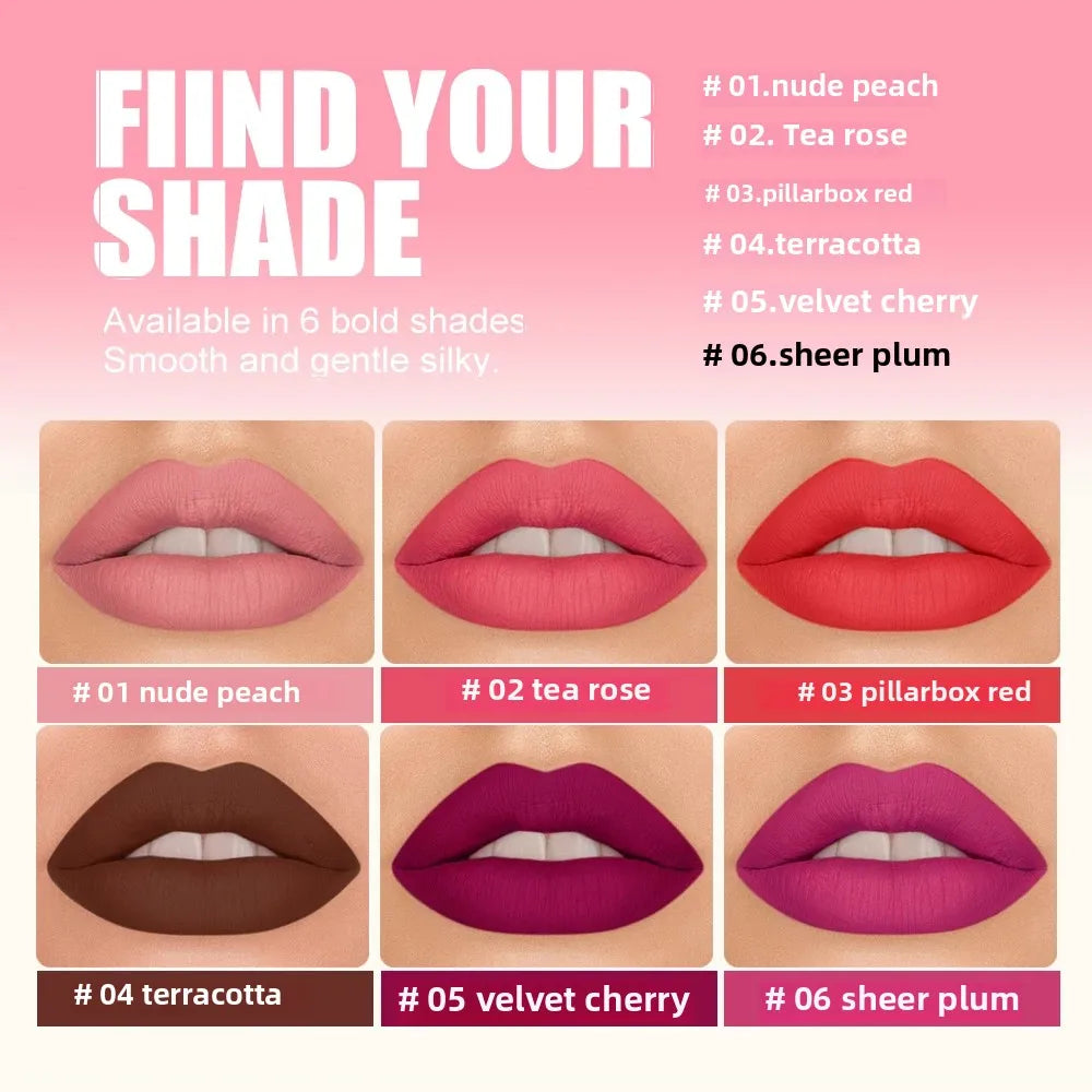 Mirsist Velvet Matte Lipstick – Waterproof & Non-Transfer, 6 Shades