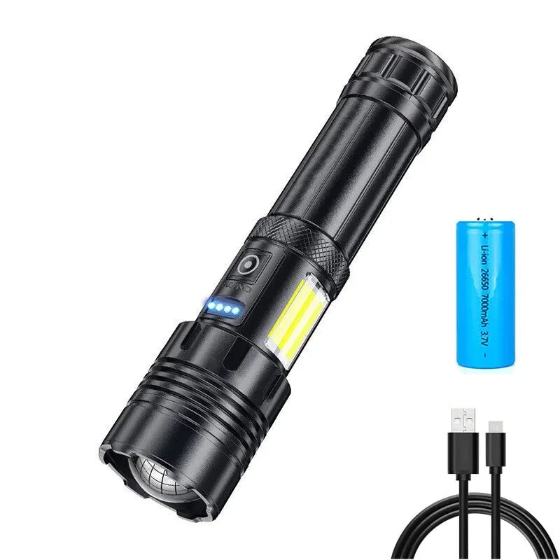 Super Bright XHP70 Powerful Led Flashlight Power Bank Torch Light USB Rechargeable Camping Tactical Flashlight with COB Lamp Oasis Select X73 with 26650