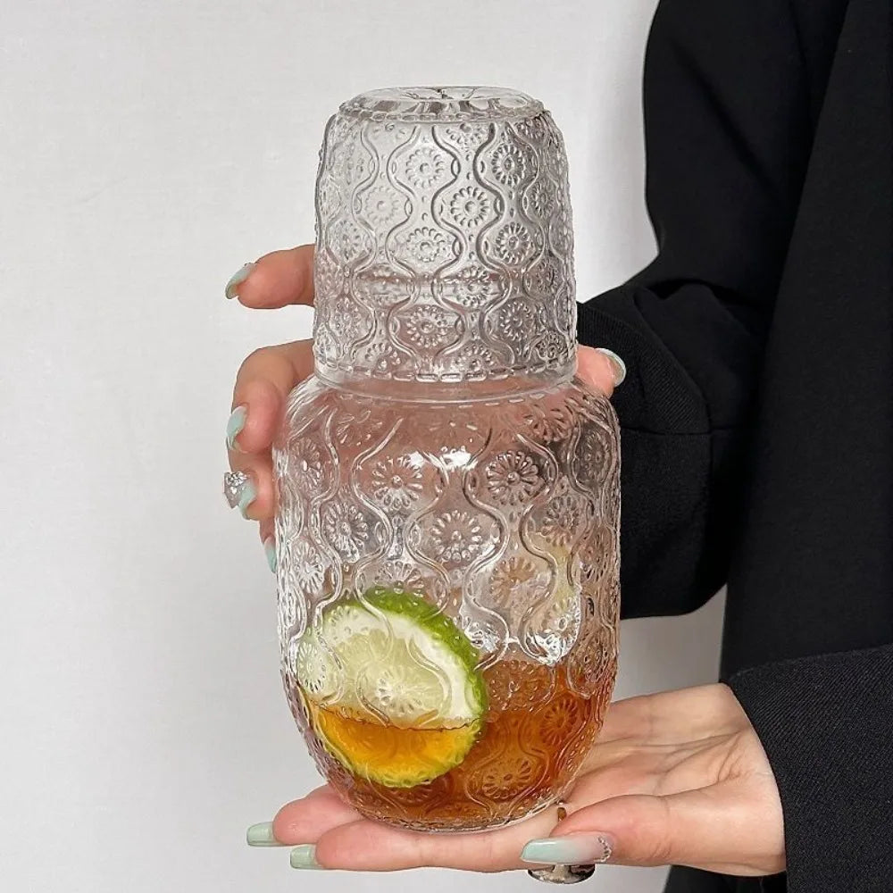 Flower Glass Teapot Vintage Water Cold Kettle Juice Glass Coffee Cup Water Glass Set Bedside Night Carafe for Midnight Drink Oasis Select
