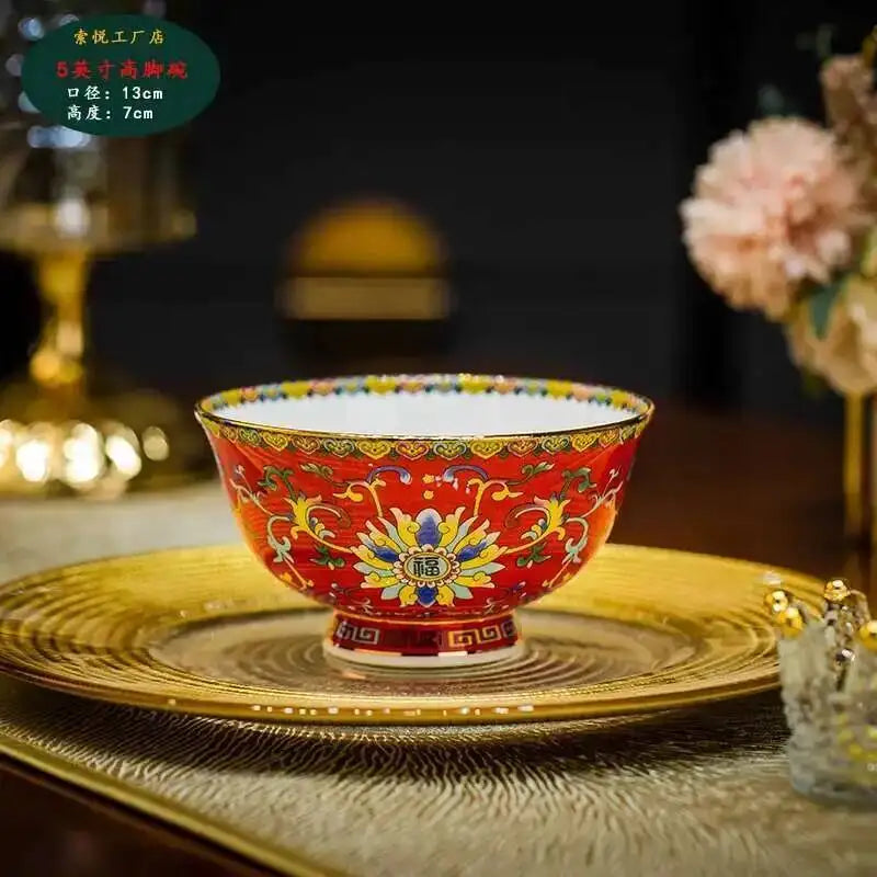 Bone China Dining Bowl Enamel Colored Chinese High Footed Rice Noodles Soup Bowl Tablewear Oasis Select 4.5inHigh Bowl-19