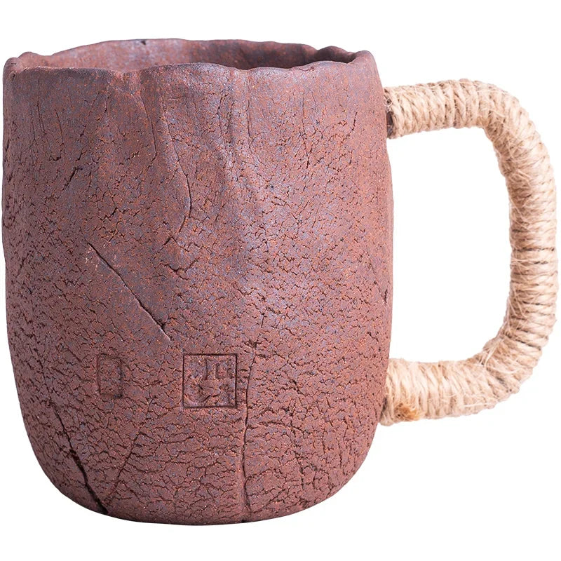 Handmade thick ceramic mug with lid spoon creative tie rope ceramic large capacity Japanese coffee cup cups Oasis Select