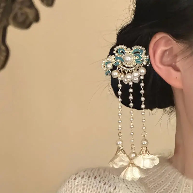 Vintage Pearl Tassel Hair Clip – Enamel Flower Hanfu Hair Pin Decorative Hair Pin Oasis Select A1