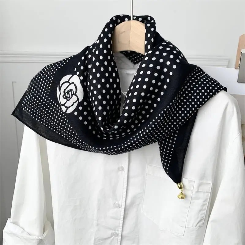 70x70 Retro Print Square Silk Scarf with Magnetic Buckle