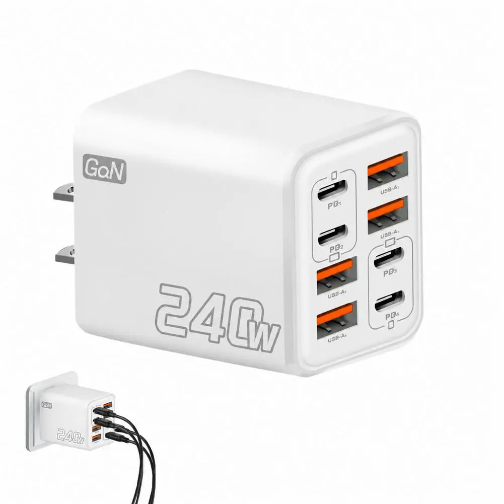 240W 8-Port GaN USB-C PD Wall Charger – Travel Adapter US EU UK