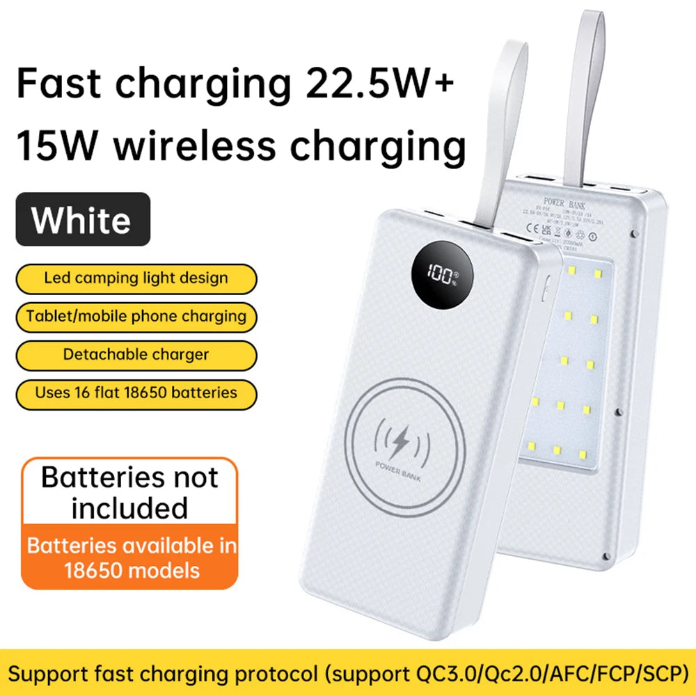 22.5W Fast Charging 15W Wireless Charging Power Bank Battery Holder + Camping Lamp 16*18650 20000mAh Power Bank Case DIY Shell Oasis Select White No Battery