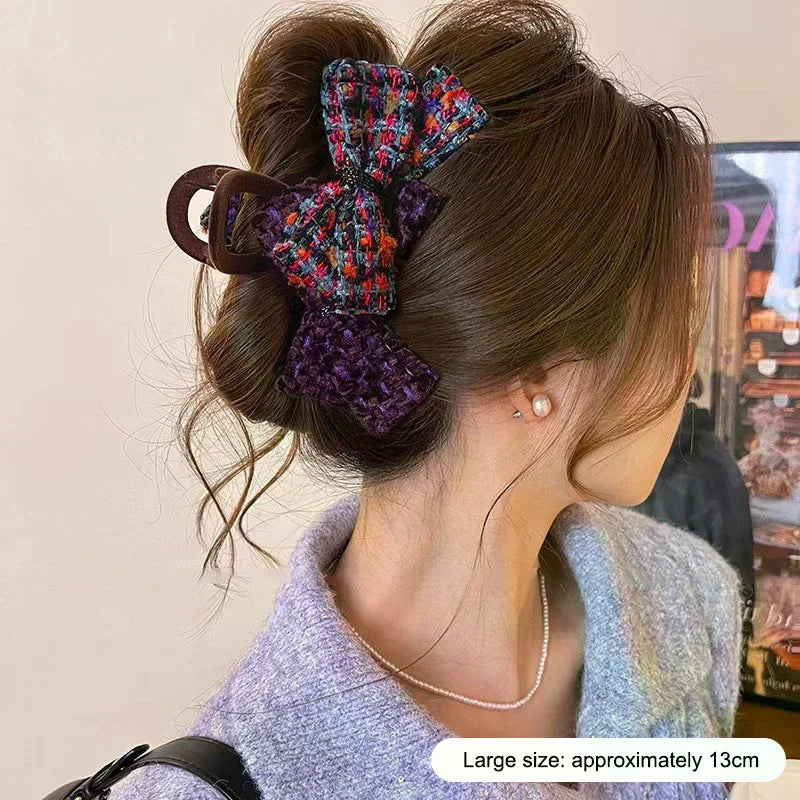 Retro Autumn And Winter Wool-blend Color-block Double Bow Hair Clip For Women Girls Large Shark Clip Hair Accessories Oasis Select