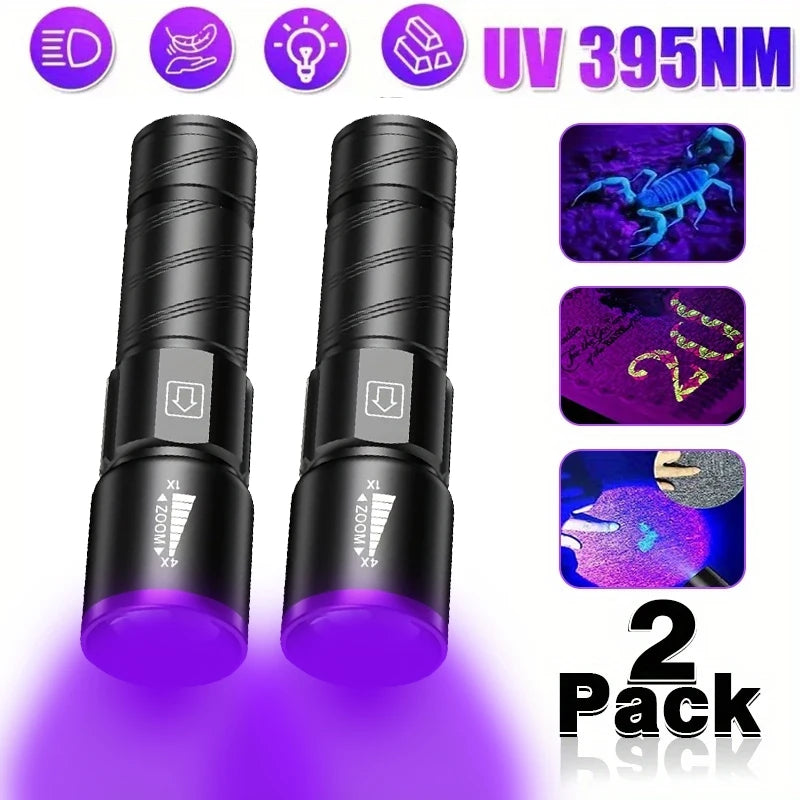 UV 395NM Flashlight Rechargeable UV Zoomable Torch 3 Modes Camping Ultraviolet Flashlights for Pet Stacks Fluorescent Detection Oasis Select