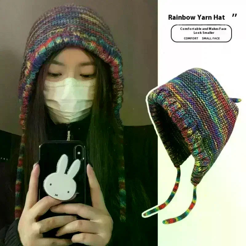 Rainbow Striped Knit Beanie Hat – Women's Winter Ear Warm Cap