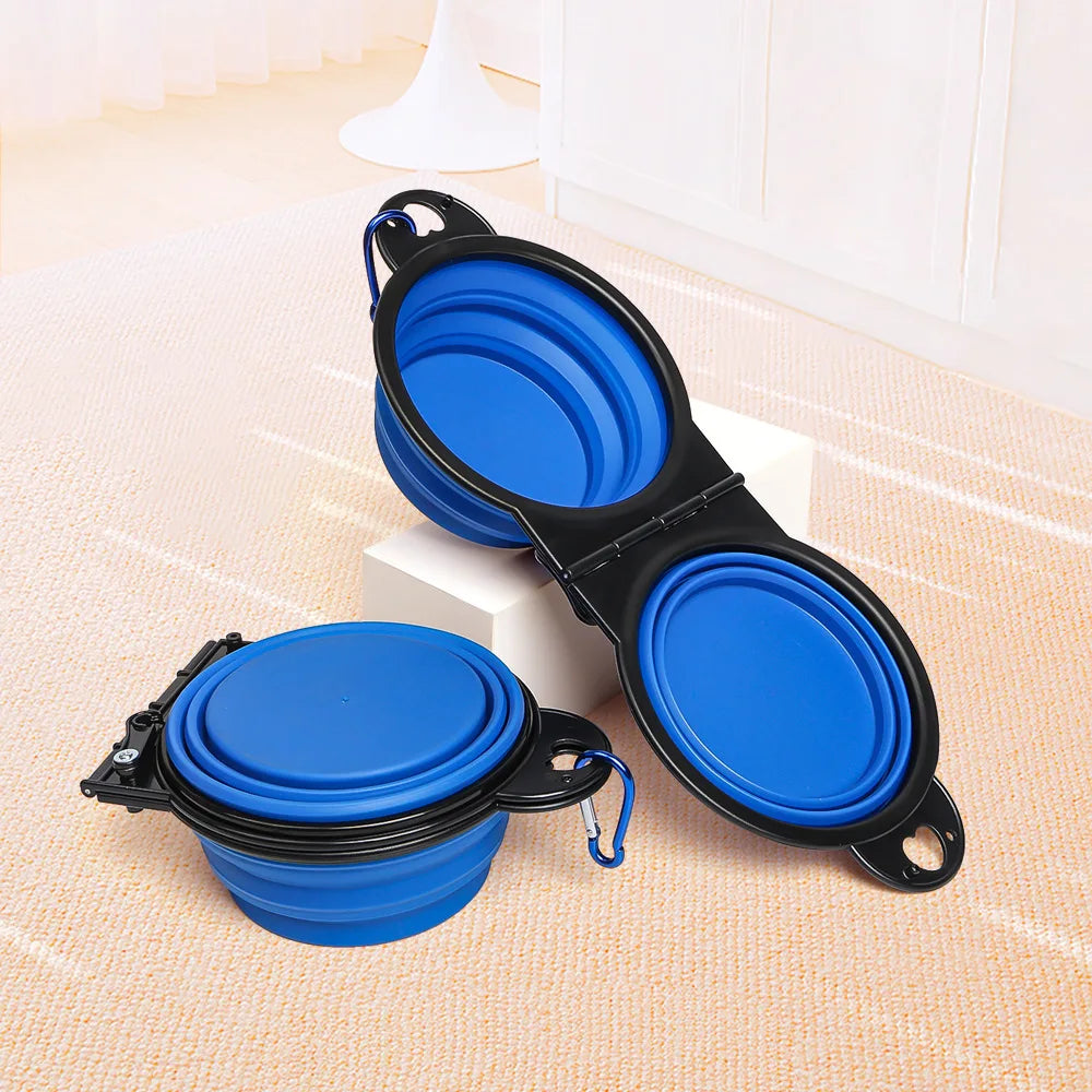 350ml pet double bowl design foldable bowl travel portable durable eating and drinking two-in-one dog bowl cat bowl foldable Oasis Select blue-2pcs 350ml