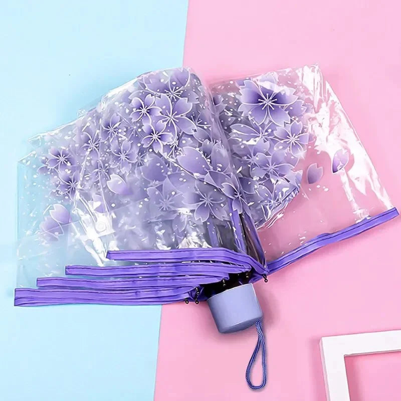 Automatic/Manual Opening And Closing Romantic Cherry Blossom Transparent Folding Umbrella Fresh Transparent Three-Fold Umbrella. Oasis Select
