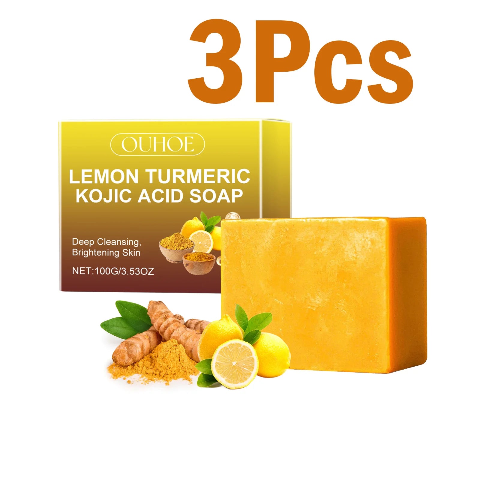 Lemon Turmeric Kojic Acid Soap Brightening Deeply Cleansing Glowing Body Rejuvenating Exfoliating Even Skin Tone Handmade Soap Oasis Select 3 x 100g boxed