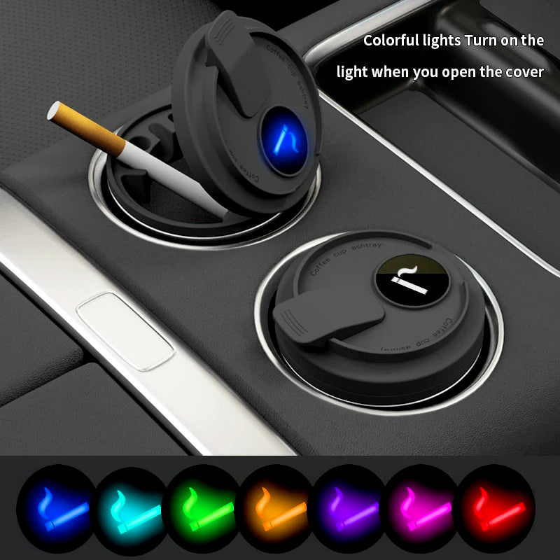 Car Ashtray 7-Color LED Light | Push-Open Coffee Cup Style