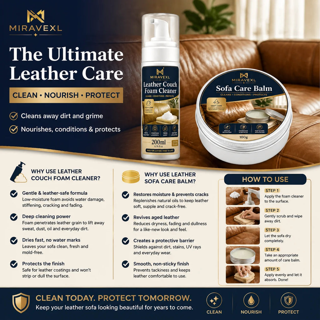 MIRAVEXL Leather Couch Foam Cleaner & Sofa Care Balm Kit with Sponge, Deep Clean,Condition and Protect Leather Seats for Home 2 Oasis Select
