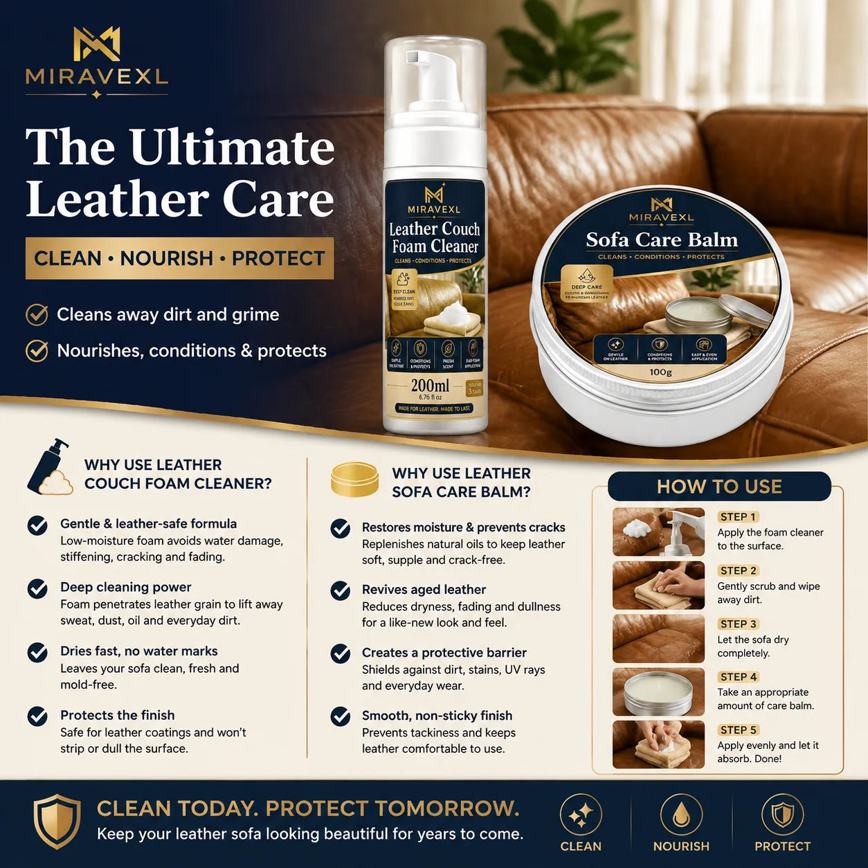 MIRAVEXL Leather Couch Foam Cleaner & Sofa Care Balm Kit with Sponge, Deep Clean,Condition and Protect Leather Seats for Home 2 Oasis Select