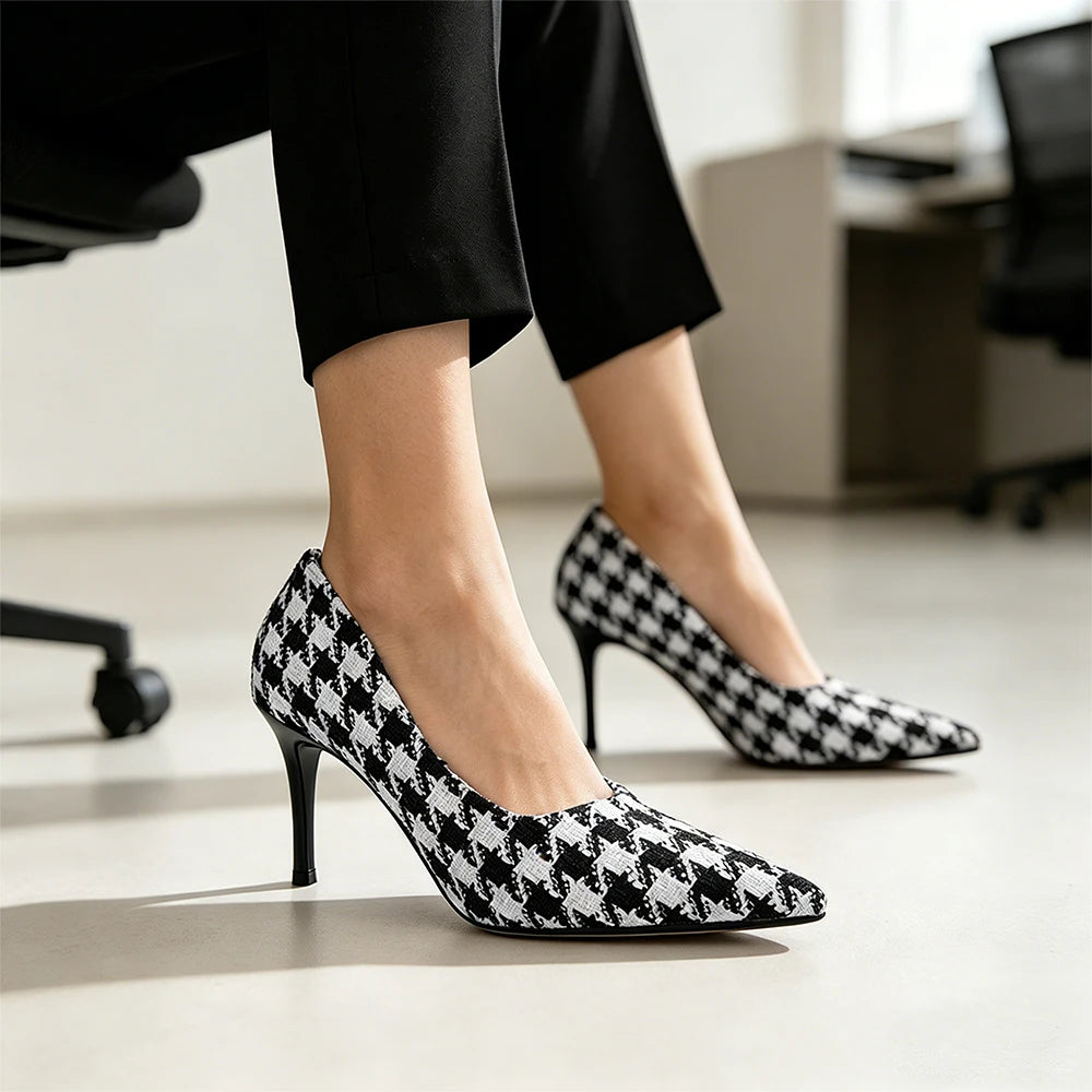 Women Houndstooth High Heels 9cm Vintage Plaid Pumps Office Work Party Shoes Comfortable Non Slip Soft Textile Daily Wear Ladies Oasis Select