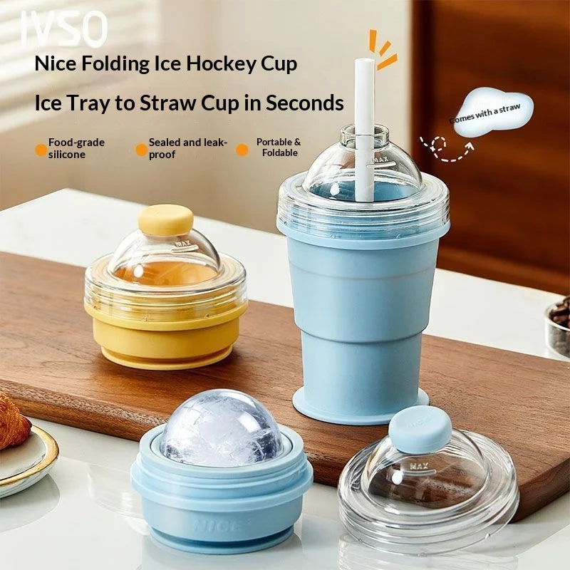 Portable Folding Hockey Puck Ice Cup – Creative Food-Grade Silicone Ice Cube Mold with Built-in Straw – Summer on-the-Go Tumbler Oasis Select