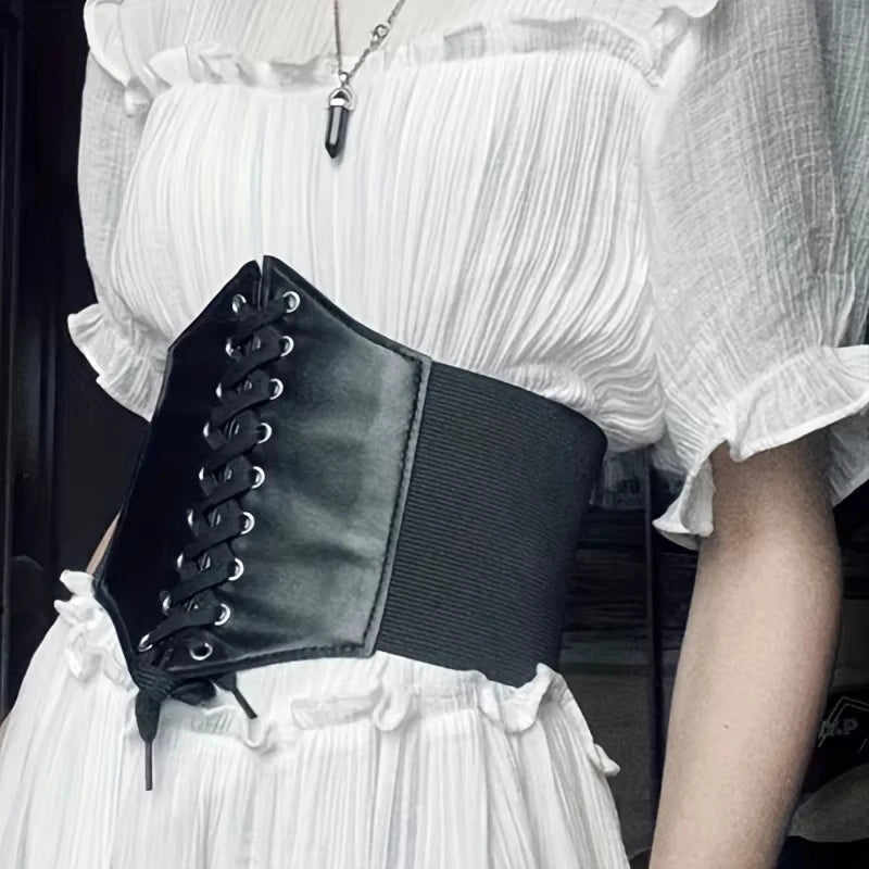 New High Elastic Lace-up Corset Women Black Retro Punk PU Slimming Wide Belt For Womens Fashion Gothic High Waisted Belt Oasis Select