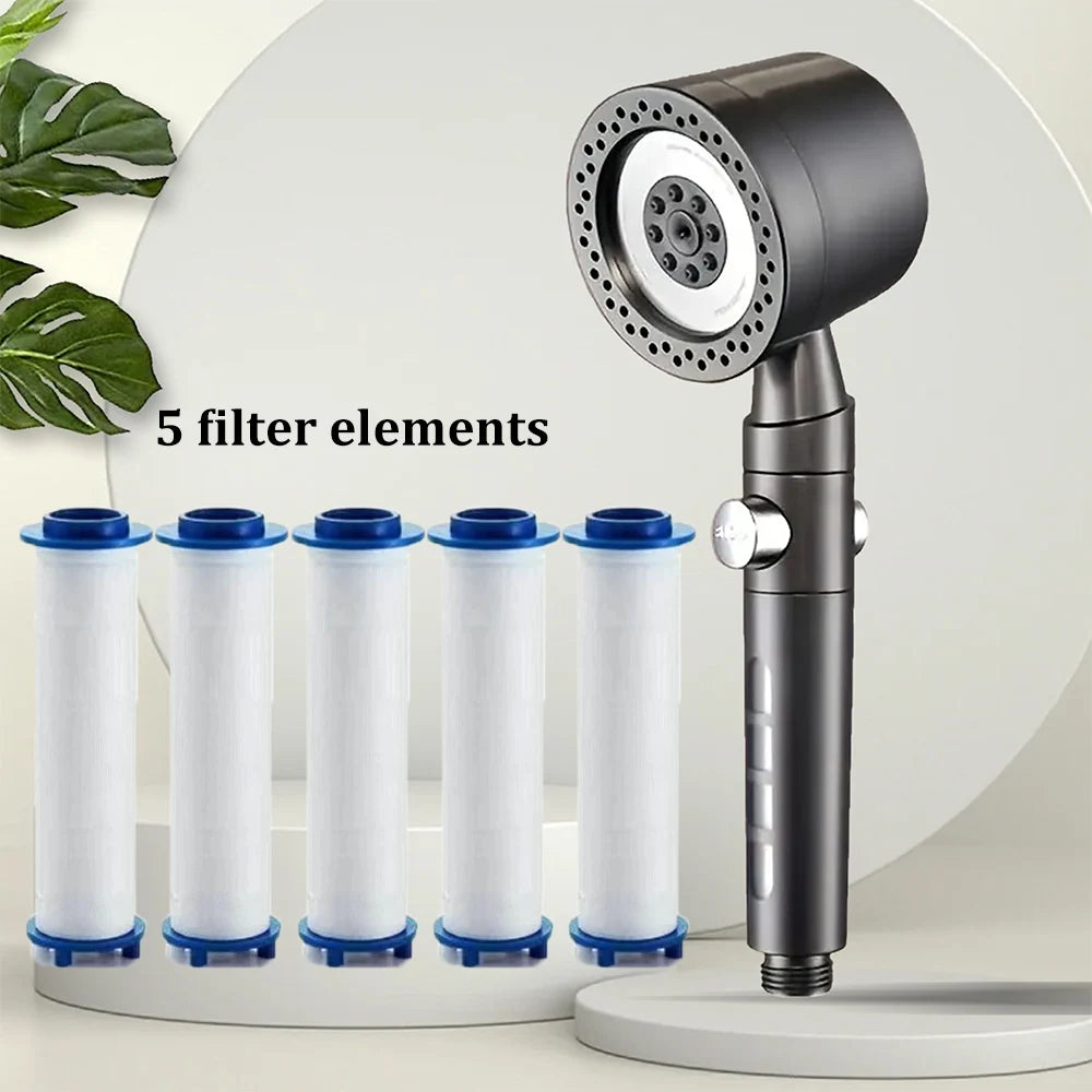 New High Pressure Water Saving Filter Shower Head 5 Modes Handheld Shower Head One Button Stop Bathroom Accessories Set Oasis Select Gray-pp cotton